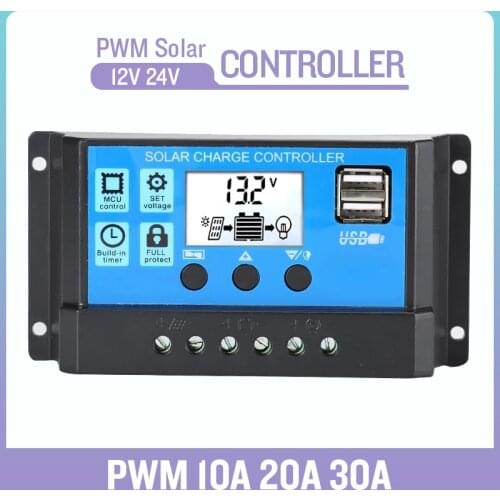 30A 20A 10A 12V 24V Auto Solar Charge Controller PWM Controllers LCD Dual USB 5V Output Solar Panel PV Regulator