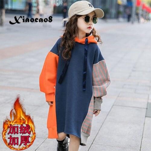 4-14 Years Girls Thick Velvet Winter Dresses Kids Hooded Casual Patchwork Dress for Girls Toddler Girl Fall Clothes Teenage 8 12