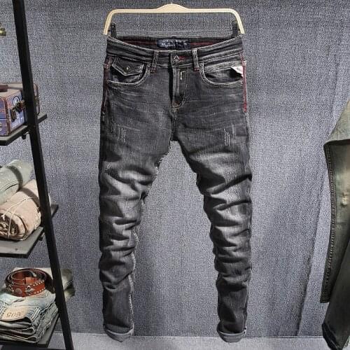 Italian Style Fashion Men Jeans Elastic Slim Fit Black Gray Ripped Jeans Men Vintage Designer Pants Streetwear Hip Hop Jeans