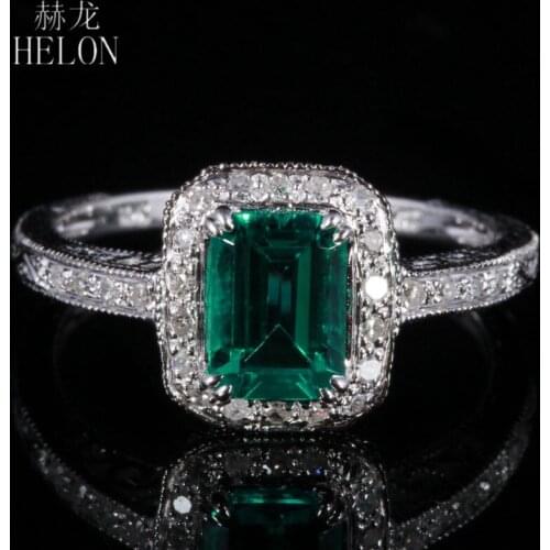 HELON Solid 10K White Gold 7X5mm Treated Emerald Diamonds Engagement Wedding Ring Women Vintage Fine Jewelry Diamond Ring