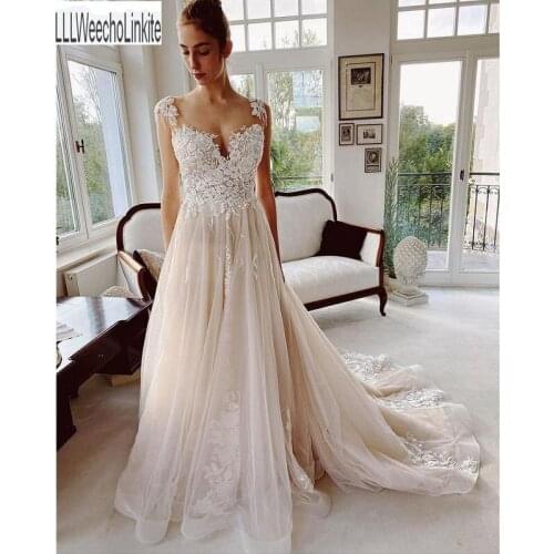 Ivory Lace Champagne Tulle Beading Floor-Length Sleeveless A-Line Wedding Dresses Chapel Train Custom Made
