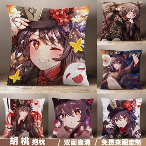 Anime Game Genshin Impact Hu Tao Cartoon Square Throw Pillow Cosplay Short Plush Dakimakura Sofa Cushion Xmas Gifts 45*45cm