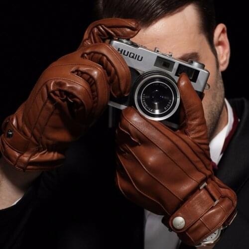 2020 New Mens Genuine Leather Gloves Male Autumn Winter Cashmere Knitted Lined Five Fingers Lambskin Leather Gloves EM005WR-1