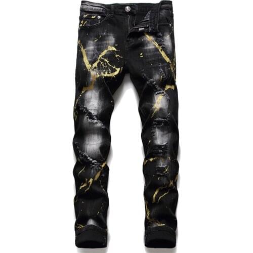 New Mens Golden Painted Splatter Ripped Denim Jeans Streetwear Slim Holes Destroyed Stretch Skinny Pants Black Trousers 1988