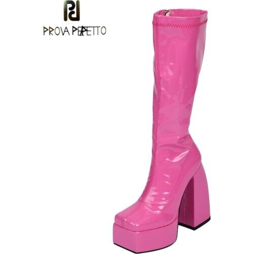 Super High Heel Knee-length Boots Autumn Solid Color Square Toe Thick Heel Platform Patent Leather Side Zipper Fashion Boots