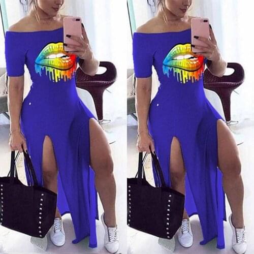 Sexy Lip Print Off The Shoulder Slash Neck Y2k Maxi Dress Women Short Sleeve Bodycon Large Size Elegant Dresses 2020 Winter