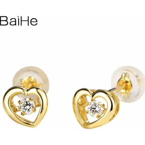 BAIHE Solid 14K Yellow Gold 0.10ct/0.16ct/0.20ct H/SI Natural Diamonds Wedding Trendy Fine Jewelry Heart Stud Earrings Women