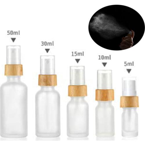 Fine Mist Atomizer Empty Frosted Glass Spray Bottle Bamboo Lid Pump Head Travel Perfume Liquid Cosmetic Vials Containers