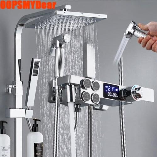Smart Thermostatic Shower System Bathroom LED Digital Shower Set 8 Inch Square Head Bath Faucet Wall Mount SPA Rain Fall Grifos
