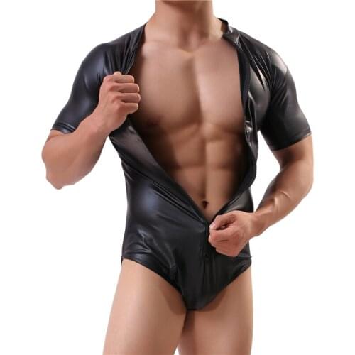 Men Shapers Faux Leather Undershirts Man Sexy Fitness Bodybuilding Sheer Bodysuit Gay Slim Zipper Shaper Underwear Shapewear