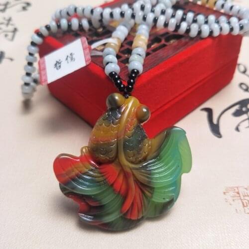 Zheru Jewelry Pure Natural Colorful Jade Carving Green Goldfish Pendant Tricolor Jadeite Bead Necklace Send National Certificate