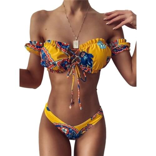 Womens Floral Printing Bikini Suits Puff Sleeve Bandage Top Mid-waist Thong Swimsuit Set Micro Bikini Swim Suit Ladies Bikinis