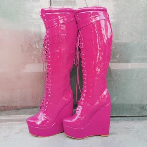 DOBANER Women Knee High Boots Platform Wedges Wide Claf Friendly Shiny Ladies Donne Stivali Shoes Woman Plus Size 42 43 45 48 52