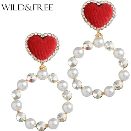 Wild & Free New Fashion Full Simulated Pearl Love Heart Dangle Earrings Elegant Sweet Pendientes Gold Femme Korean Jewelry