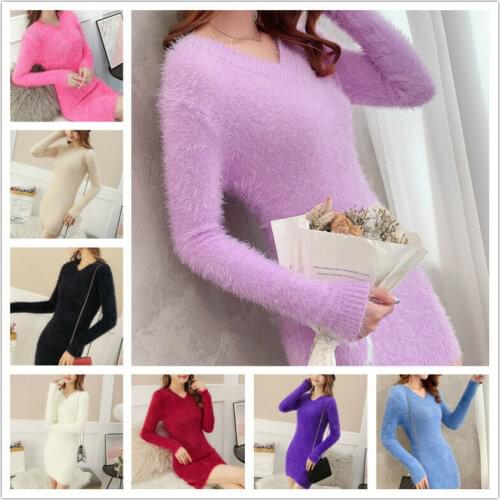 Women Faux Mohair Fur Sweater Dress Fluffy Long Jumper Pullover Top Stretch