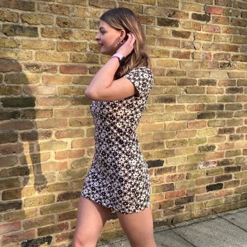 Women Summer Vintage Dress Adults Slim Fit Cherry Chrysanthemum Floral Printed Short Sleeve Lapel Button One-piece Womens Dress