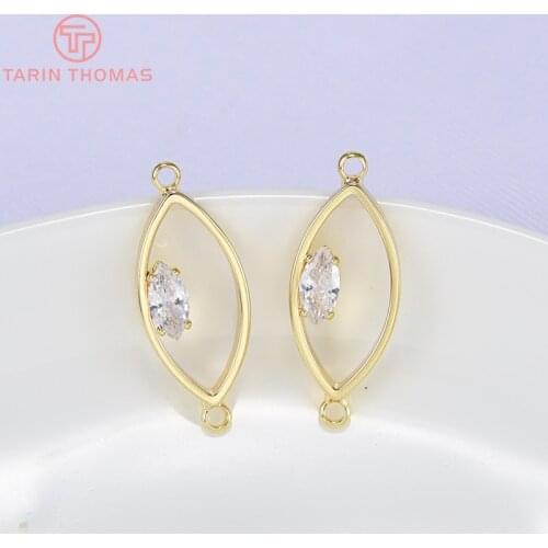 6PCS 28x11MM 24K Gold Color Plated Oval with Zircon 2 Holes Connector Pendants High Quality DIY Jewelry Making Findings