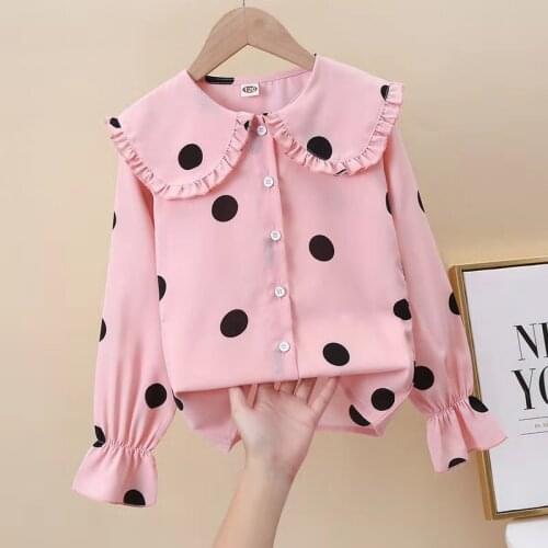 Girls Blouse for Kids Girl Long Sleeve Tops Chiffon Polka Dot Blouses Doll Collar Shirts Clothes Teenage Girls Clothing