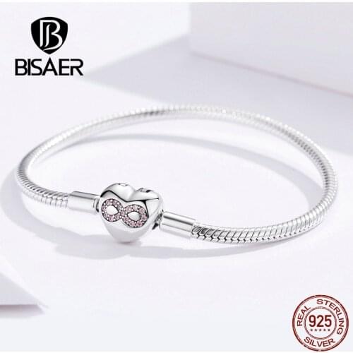 BISAER 925 Sterling Silver Heart Shape Clasp Infinity Love Infinite Femme Silver Bracelets for Women Jewelry Pulseira ECB142