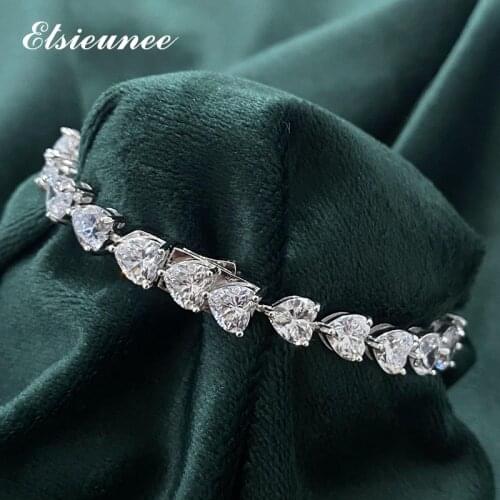 ELSIEUNEE 100% 925 Sterling Silver Heart Romantic Charm Bracelets Simulated Moissanite Diamond Wedding Engagement Gift Wholesale