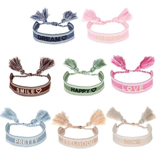 European and American Embroidered Letters Woven Tassel Bracelet Fashion Retro Wrist Band Bohemian Womens Ribbon Jewelry B03B