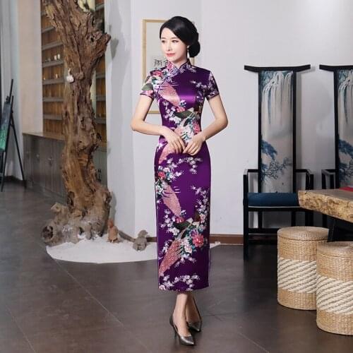 Chinese style new spring and summer improved cheongsam dress long satin printing daily banquet womens performance clothing