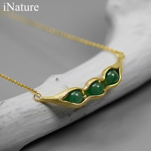 INATURE Natural Aventurine Pea Pod Pendant Necklace Women 925 Sterling Silver Chain Choker Necklaces Jewelry