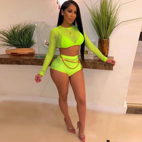 Fishnet Hollow Sheer Two Piece Set Summer Vacation Tracksuits Backless O Neck Top+ Elastic Waist Biker Shorts Casual Swimsuit