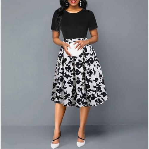 MISSJOY Summer Skater Dresses Women Half Sleeve Floral Print Work Lady Retro Knee Length A-line Swing Dress Pink Vestidos