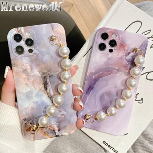 MrenewedM 12 Pro Max Marble Bracelet Phone Case For iPhone 11 X XR XS Max SE2 7 8 Plus Pearl Wrist Chain Soft Silicone IMD Cover