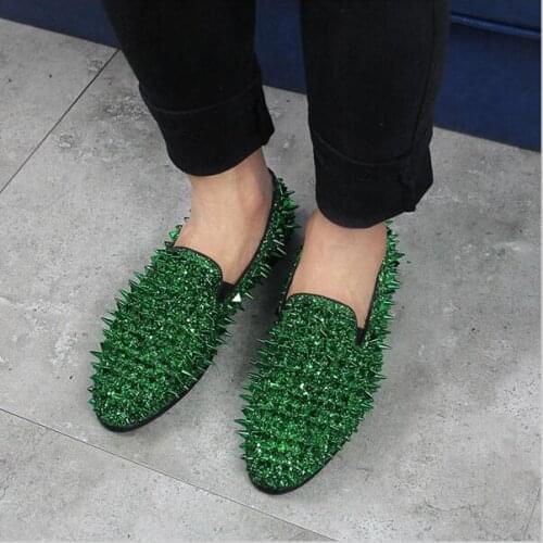 Luxury design spikes studded men shoes glitter loafers square toe flats rivets fashion men party wedding shoes blue green silver