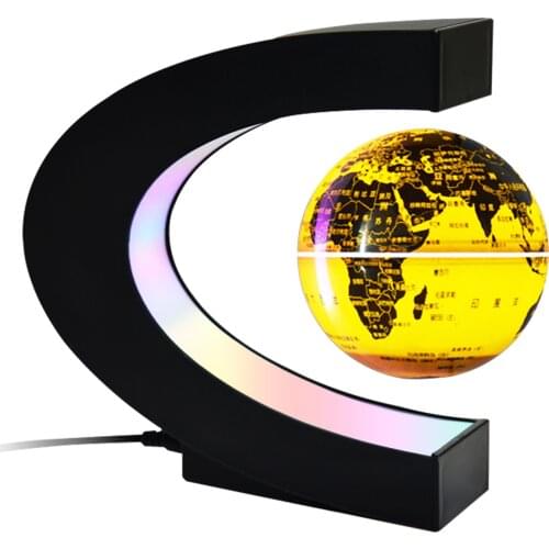 Floating Globe with LED Light 4 Inch Magnetic Levitation Rotating World Map Multicolor Light C-Shape Base Creative Anti Gravity