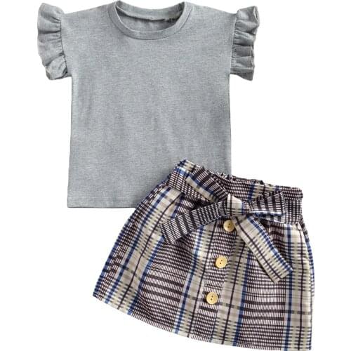 2021 0-5Y Casual Toddler Baby Girl Clothing Grey Short Sleeve Cotton T-shirt+Bow Plaid Print A-line Skirt Summer New 2pcs Outfts