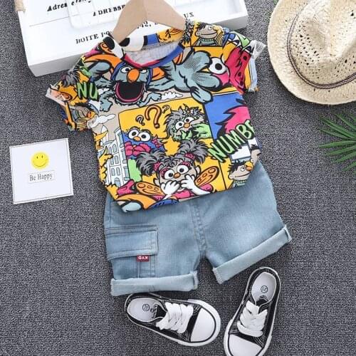 Baby Clothes Outfit Baby Boy Summer Cartoon Sesame Street Print Short Sleeve T Shirt Short Jeans 2 PCS Set Girl Clothing Costume