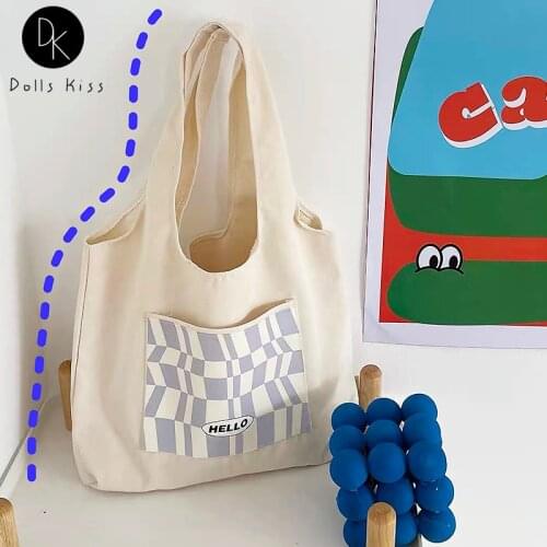 Ladies Canvas Eco Bag Female Literary Lavender Plaid Printing Handbag Women Casual Travel Totes Mobile Phone Pocket Shoulder Bag