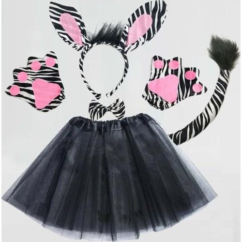 White Black Zebra Animals Headband Bowtie Tail Paw Skirt Women Girl Costume Christmas Halloween Fancy Dress