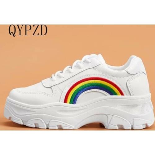 Womens White Ladies Shoes Rainbow Embroidered Chunky Sneakers Flat platform Shoes Casual Shoes Sneakers Women Autumn Trainers