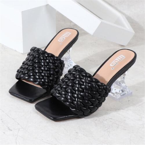 Womens Shoes Woven Sandals Mules Female Slippers Outdoor Glass Heel Ladies Slides Crystal Heels Designer Shoes Casual Footwear
