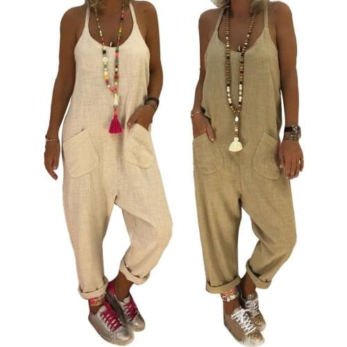 Women Sleeveless Dungarees Halter Pockets Loose Jumpsuit Bib Pants trousers Jumpsuits female