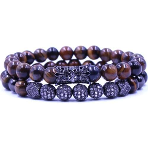 8mm 2PCS/Set fdf2 elastic adjusted nature yellow Tigereye bead micro pave cz zircon cubic zirconia tube Bracelet Jewelry