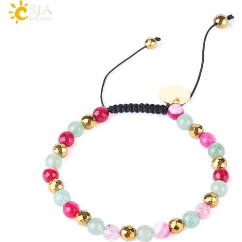 CSJA 6mm Natural Stone Green Aventurine Bracelet Adjustable Weave Rope Bracelets Gold-color Bead Blue Onyx Bangle for Women F532