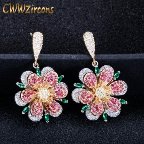 CWWZircons 3D Geometric Design Rose Red and Green Emerald Crystal Luxury Brand 925 Silver Flower Drop Earrings for Women CZ445