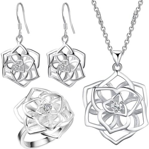 Beautiful Design Silver color Flower Pendant Necklace Earrings Ring Set with Zircon fashion jewelry women wedding gift