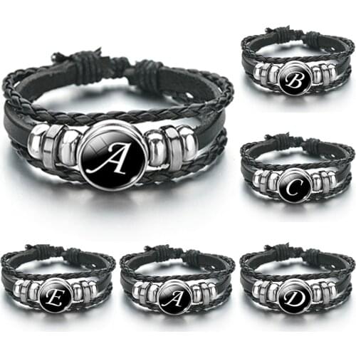 Fashion 26 Letters Glass Snap Metal Bead Bracelet ID Name Friendship Black Braided Leather Bracelet Men Women Kids Family Gift
