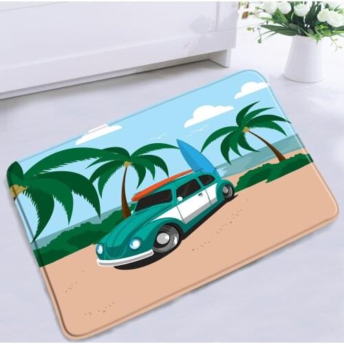 Cartoon Beach Car Bathroom Mat Tropical Seaside Landscape Palm Tree Ocean Non-slip Floor Rugs Bath Kitchen Bedroom Foot Carpet