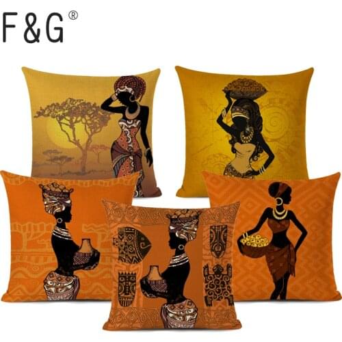 African Girl Decorative Pillow cover Beautiful Ethnic Woman Cushion Cover Linen Color Cloth Throw Pillowcase for Sofa Home Decor