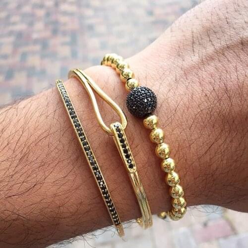 New Mens Luxury Bracelets boutique Cuff Bangles ,Gold Color Black Zircon Bracelet Set For Mens Best Party Jewelry Gift