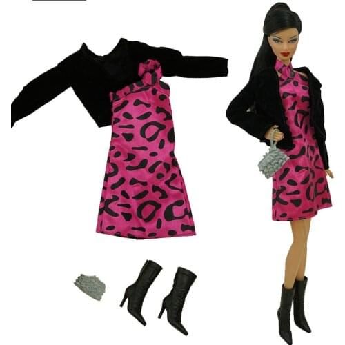 1/6 BJD Doll Clothes For Barbie Clothes Fashion Black Coat Top Pink Leopard Dress Costume Purse Shoes 11.5" Dolls Accessory Toys