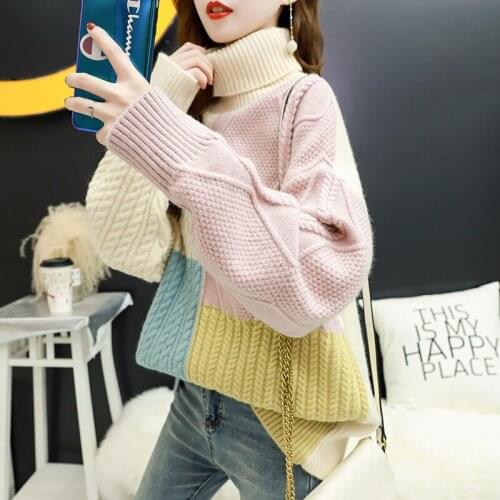 2021 Autumn Winter Fashion All-match Turtleneck Sweater Korean Style Loose Thicken Outer Wear Color Matching Knitted Long Sleeve