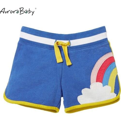 2018 New Summer Girls Rainbow Pattern Floral Appliques Shorts Cotton Drawstring Blue Grey Short Infant Toddler Baby Girls Shorts